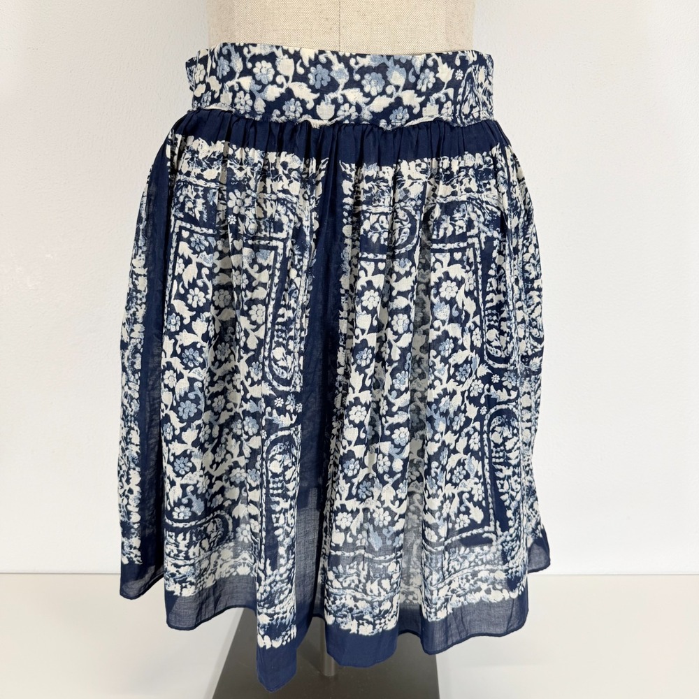 Nili Lotan‎ "Issue"  Navy Floral Cotton Knee Length Peasant Skirt Pockets S EUC